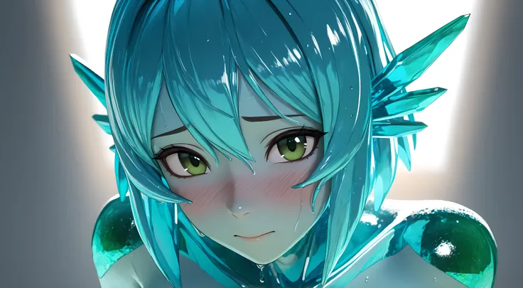masterpiece, newer ,absurdres, highres,detailed background, a girl,Crystal blue hair,sunlight,portrait,green eyes made of emerald, crystal skin ,3D model, shy, medium breasts, close to pussy, ((extra textured skin), wet pussy, ((gray simple background)) , ...