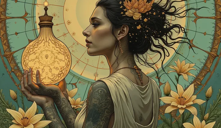 a beautiful tattooed woman as a mystical sorceress. The scene is adorned with intricate designs and magical symbols. The figure is posed gracefully with lillies, holding a glowing orb. The art evokes a sense of wonder and enchantment. In the style of class...