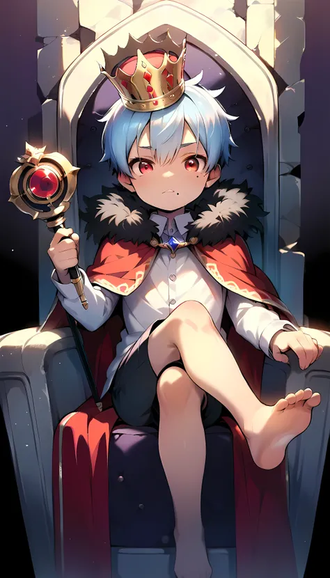 (score_9, score_8_up, score_7_up), (perfect face), (detailed face:1.3), (detailed eyes:1.3), (cute eyes), (shiny eyes), (masterpiece eyes), (cute face:1.2), (1 boy), (shota:1.5), (sitting on king chair:1.3), (leg crossed:1.3), (barefoot:1.2), (right hand h...