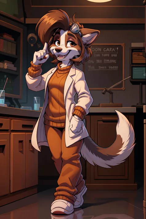feminine , Alone , border collie, full body image,  standing,  knitted brown sweater and lab coat,   mad scientist , suéter oversize,  Smile like mad scientist, happy, happy, dog tail, cartoon style