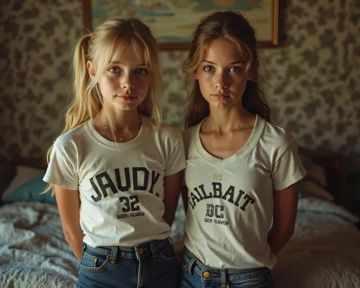 (photorealistic, film grain, kodak portra, sharp detail), (scene in daddy's sex playroom), intricate background, extremely detailed background, deep DOF, male gaze, erotic male fantasy, taboo incest erotica, intensely erotic image, BREAK (two girls), ((bot...