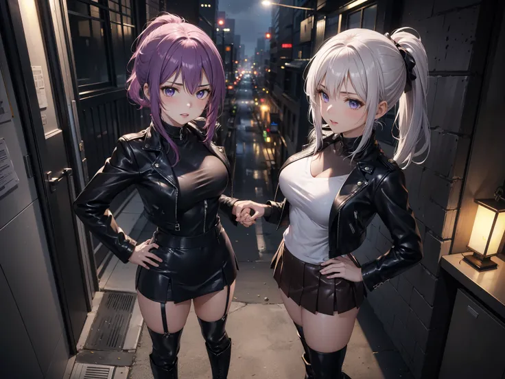 (masterpiece, best quality, detailed), 2 girls, Alone, standing, ((seen from above)), ((Hands touching the hips)), ojos detaileds, purple eyes shirt, Lavender hair short ponytail, Love, medium breasts, sensual lips, ((harness on the torso)), ((black leathe...