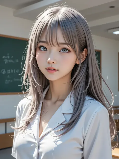 nsfw、high resolution, masterpiece, anatomically correct, top quality, ((textured skin 1.2)), 8k Octane, 1 girl、((Whole body 1.5))、(1 with a wide open chest 1.mall hips 1.3))、 she's a nurse、
long hair,  Silver Hair,  soft hair for cell phones、blue eyes、(Sma...
