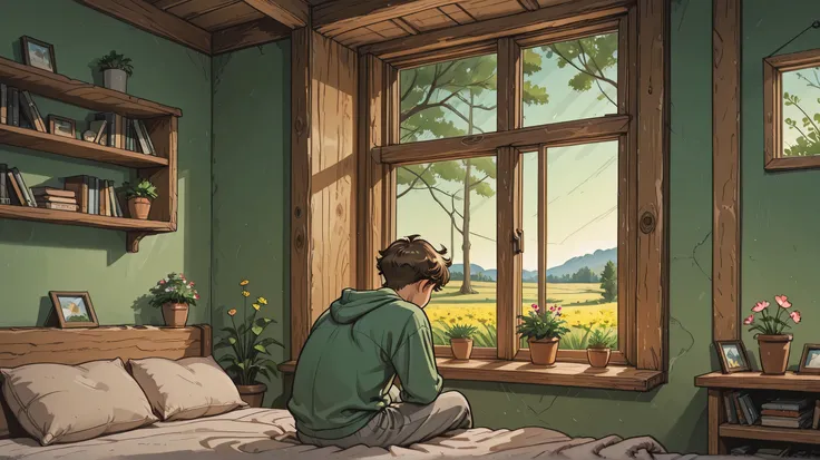 Anime style illustration. A age boy is sitting on his bed with his back facing the camera, looking peacefully out of a large window. He’s wearing loose, comfortable home clothes: a soft oversized hoodie and cozy sweatpants, made of fluffy, relaxing fabrics...