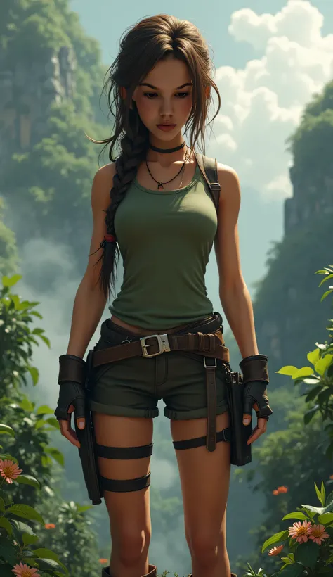 (masterpiece), (Best Quality: 1.0), (ultra high resolution: 1.0), detailed eyes, BREAK young Lara Croft, 1 girl, long brown hair, hair braid, gloves, boots BREAK (clouds, jungle, temple ruin, Awesome view) sexy, Awesome, sexy, frontal view, full body view