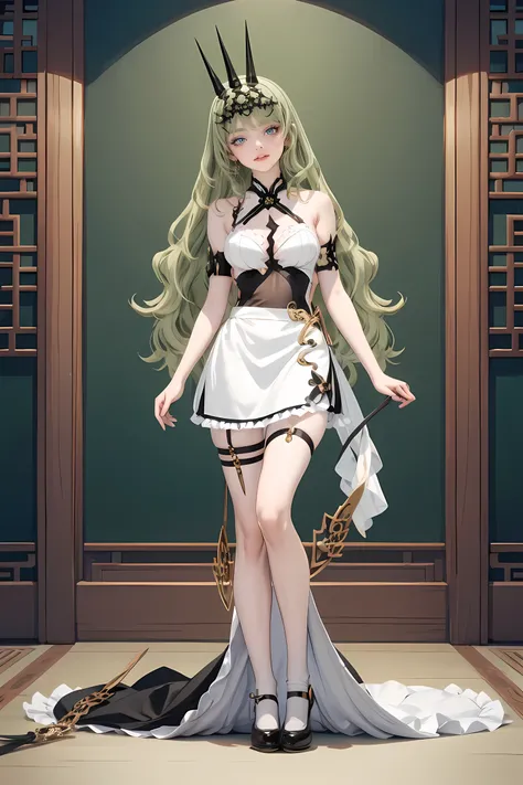 1girl, green hair, harness, black dress, chinese maid design, solo, white roses, symmetrical gloves, high socks, harness, tassel, chinese maid dress, v neckline, garter on the legs, standing up, white apron, maid dress, chinese maid, chinese aesthetic, thi...