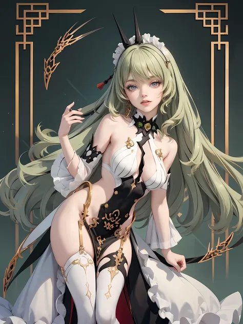 1girl, green hair, harness, black dress, chinese maid design, solo, white roses, symmetrical gloves, high socks, puffed socks, harness, tassel, chinese maid dress, v neckline, garter on the legs, standing up, white apron, maid dress, chinese maid, chinese ...