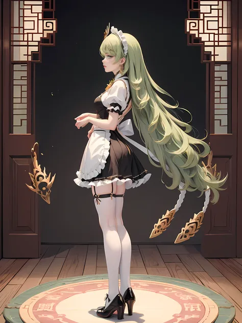 1girl, green hair, harness, black cropped, black skirt, chinese maid design, solo, stomach, white roses, symmetrical gloves, puffed socks, high socks, harness, tassel, chinese maid dress, v neckline, garter on the legs, standing up, white apron, maid dress...