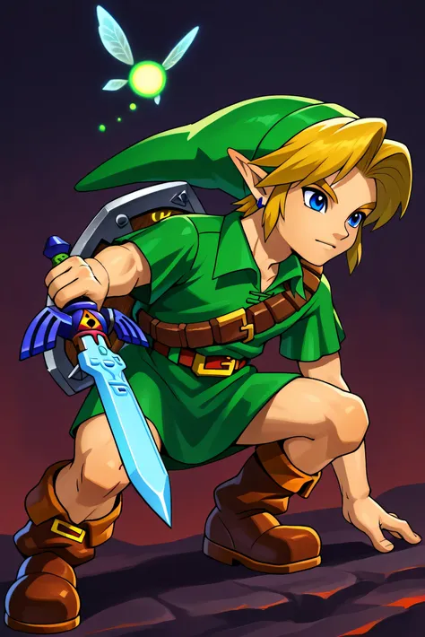 (1boy, younglink, link, blonde hair, blue eyes, hat, pointy ears, green tunic, belt, boots), a close up of a cartoon of a person with a sword,  (link from majora's mask),, link from zelda, , legend of zelda,
Young adventurer with blonde hair and pointed el...