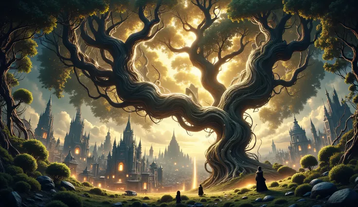A colossal, ancient tree stands in the heart of a forgotten city, its roots entwined with the crumbling ruins. The tree's branches reach towards the sky like gnarled fingers, its leaves shimmering with an ethereal, golden light. The city is overgrown with ...