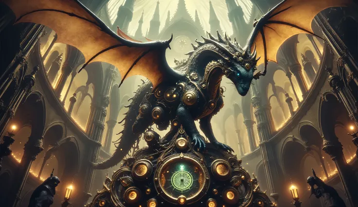 A whimsical, clockwork dragon perches atop a towering, steampunk cathedral, its gears whirring and steam hissing. The dragon's eyes glow with an eerie, green light, and its wings are adorned with intricate, brass filigree. The cathedral is a marvel of Vict...