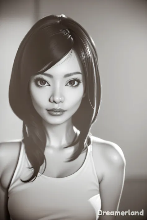 blurry, depth of field, photo \(medium\), blurry foreground, blurry background, 1girl, solo, realistic, motion blur, reference inset, photorealistic, asian, lips, 3d, black hair, photo inset, cosplay photo, nose, tank top, poster \(object\), looking at vie...