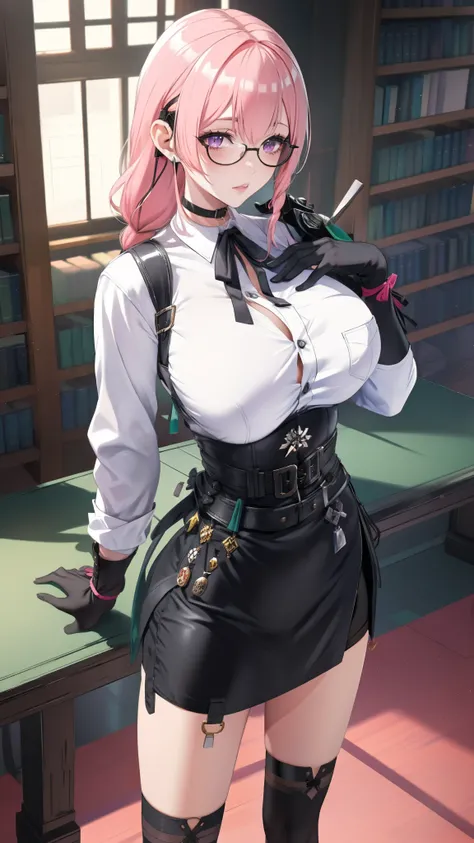 bright clothes, a girl, (Yanagi Tsukishiro ), Alone, Standing, (seen from above),  looking at the spectator ,  slender hips , long braided hair pink, beautiful eyes ,  detailed eyes , purple eyes shirt, huge breasts, sensual lips, ((samurai armor shoulder ...