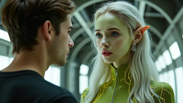 A cinematic sci-fi illustration of a beautiful female alien standing in a futuristic spaceship corridor. She has smooth glowing green skin with golden undertones, long flowing white hair, and pointed elf-like ears. Her large silver eyes reflect starlight. ...