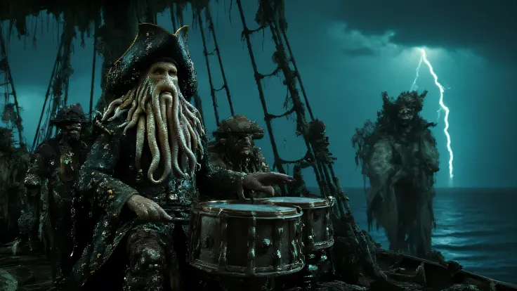 Captain Davy Jones the octopus-headed pirate sitting on the ghost ship Flying Dutchman, playing an ancient drum set, dark stormy sky filled with lightning, floating ghostly spirits surrounding the ship, gothic style, highly detailed, cinematic lighting, 8K...