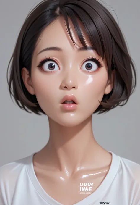 1girl, solo, grey background, lips, short hair, nose, shirt, asian, collarbone, looking at viewer, simple background, artist name, white shirt, shiny skin, big eyes, (surprised)