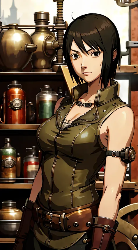 Masterpiece, stunning realistic, best quality,shizune, wearing sleeveless steampunk dress, in a steampunk city, steampunk world, in the middle of steampunk city filled with steampunk building, showing both her armpit