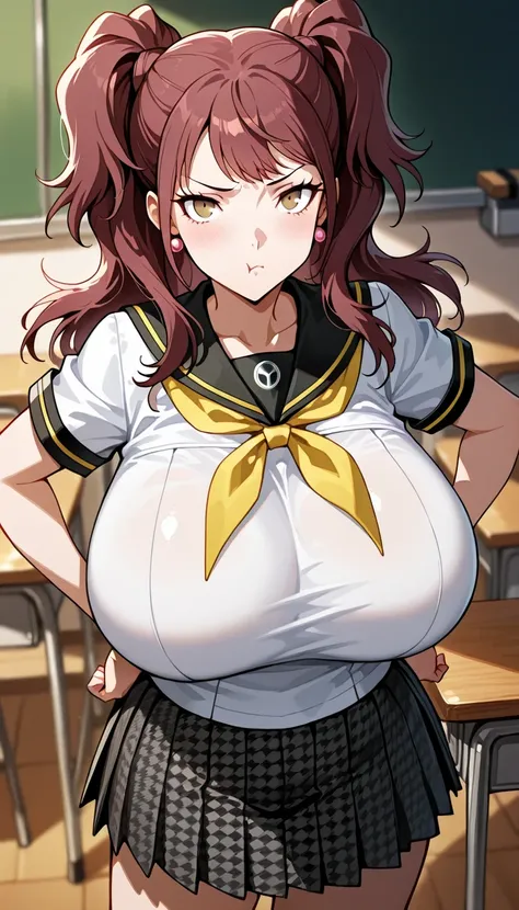 (masterwork, masterpiece, best quality, hyper-detailed :1.2), 1 girl, solo, cute face, p4rise, kujikawa, rise, twintails, long hair, brown hair, pink earrings p4rise-sumuni, yasogami school uniform, serafuku, short sleeves, white shirt, skirt, pleated skir...