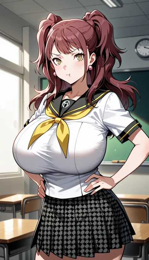 (masterwork, masterpiece, best quality, hyper-detailed :1.2), 1 girl, solo, cute face, p4rise, kujikawa, rise, twintails, long hair, brown hair, pink earrings p4rise-sumuni, yasogami school uniform, serafuku, short sleeves, white shirt, skirt, pleated skir...