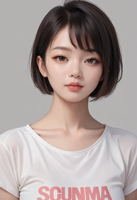 1girl, realistic, solo, grey background, lips, short hair, nose, shirt, asian, collarbone, looking at viewer, simple background, artist name, white shirt