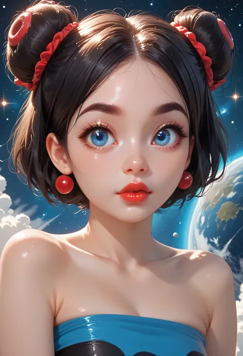 (perfect face), (space buns hair), (black hair), (black thick eyebrows), (big eyes), (blue eyes), (red bright lips), (thick lips), (tube top)
