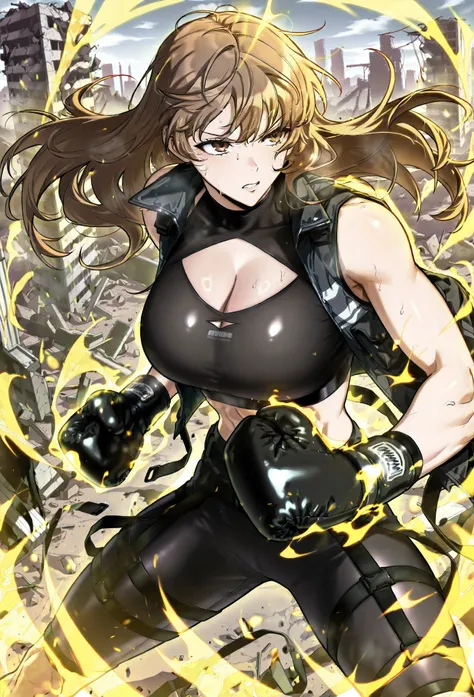 masterpiece, best quality, amazing quality, very aesthetic, absurdres, newest, scenery, 1girl, solo, huge breasts, serious, parted lips, long hair, brown hair, brown eyes, bangs, sports bra,
 Sleeveless jacket, open jacket, cleavage cutout, black gloves, b...