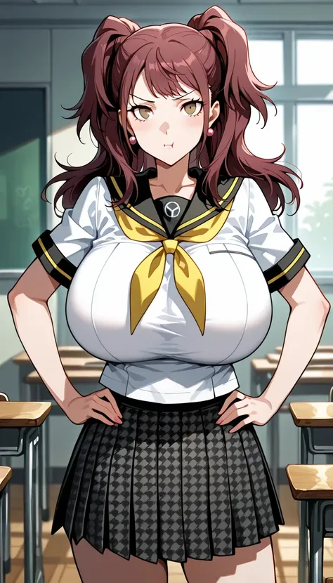 (masterwork, masterpiece, best quality, hyper-detailed :1.2), 1 girl, solo, cute face, p4rise, kujikawa, rise, twintails, long hair, brown hair, pink earrings p4rise-sumuni, yasogami school uniform, serafuku, short sleeves, white shirt, skirt, pleated skir...