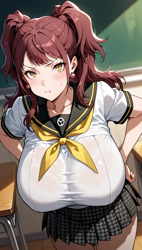 (masterwork, masterpiece, best quality, hyper-detailed :1.2), 1 girl, solo, cute face, p4rise, kujikawa, rise, twintails, long hair, brown hair, pink earrings p4rise-sumuni, yasogami school uniform, serafuku, short sleeves, white shirt, skirt, pleated skir...