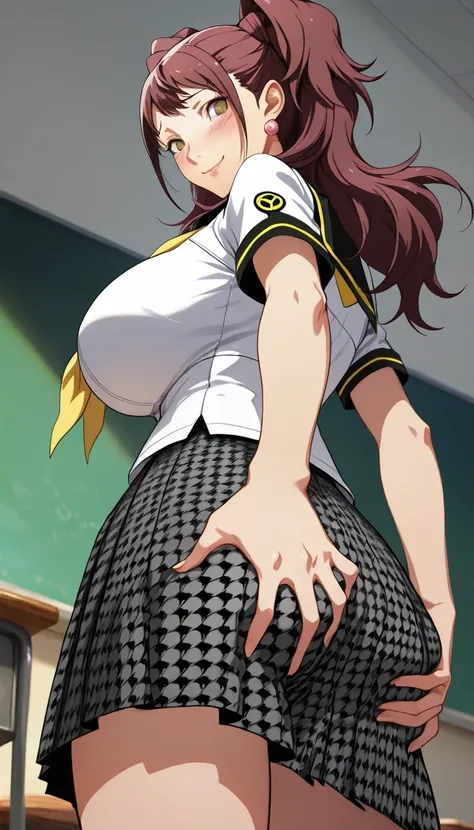 (masterwork, masterpiece, best quality, hyper-detailed :1.2), 1 girl, solo, cute face, p4rise, kujikawa, rise, twintails, long hair, brown hair, pink earrings p4rise-sumuni, yasogami school uniform, serafuku, short sleeves, white shirt, skirt, pleated skir...