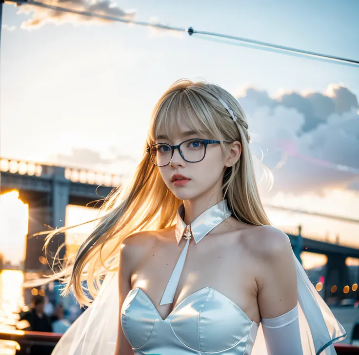8K quality, pictures, Two beautiful men and beautiful women, Beautiful like a goddess, in the city where the backlight of the intense sunset is dazzling, From the neck up, Red thin string ribbon tie on the collar, (Extra-fine silver glasses:1.2), (Brillian...