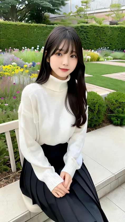 Japanese girl sitting on a chair in the garden and having her picture taken, white knit, minimal exposure, all black knit, turtleneck, skirt, 20 years old, long hair, bangs
