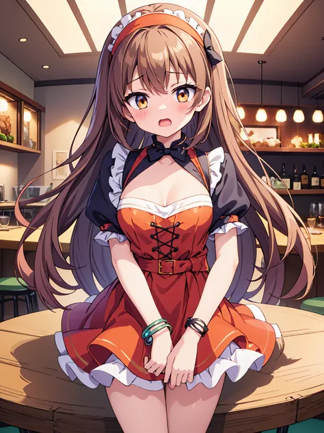 Highly detailed, high quality, masterpiece, beautiful, (all photo shooting), girl  student, perfect eyes, orange eyes, light eyes, blushing face, screaming, embarrassed, big thighs, medium chest, short stature, long hair, light brown hair, with bracelet on...