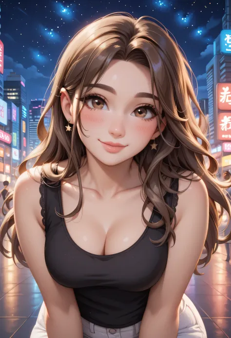 perfect face, perfect body, brown hair, long hair, forehead, brown thin eyebrows, big brown eyes, black eyeliners, blush, nose, round lips, smile, beautiful girl, collarbone, cleavage, medium breasts, black scoop tank top, white pants, standing, (thick thi...