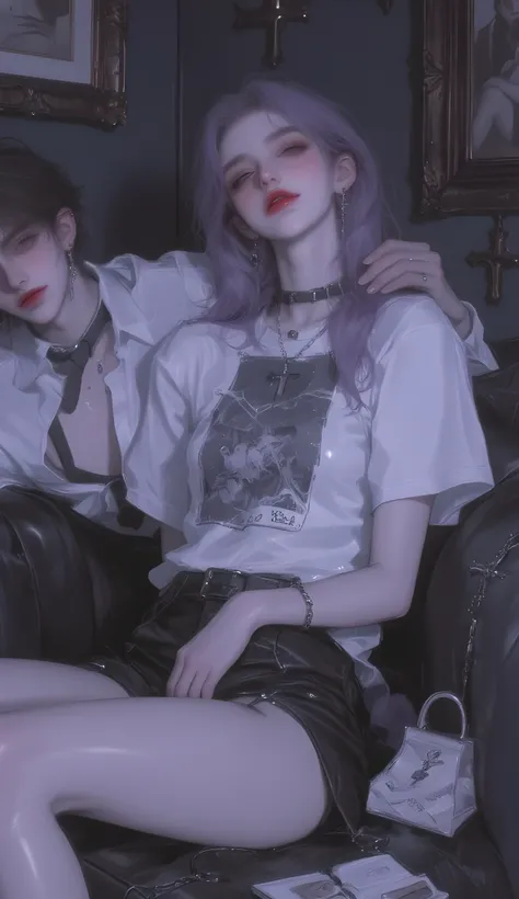 Romantic Couple , Intimate Postures, Comfortable nighttime apartment, plush sofa , Movie 3:4 aspect ratio, medium full body shot starting from the knee, Eye Level Perspective, Slightly elevated Angle,Focus on emotional connection, Dim Light Room, Soft amb...