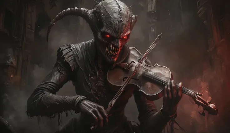 A detailed and surreal depiction of a dark beast goddess with an intricately scarred face, playing a violin, her instrument ablaze. The figure is surrounded by mist, evoking a mysterious and eerie atmosphere. The lighting is dark and atmospheric, with red ...