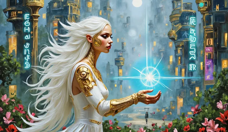digital paint, surreal fantasy, scifi, watercolor, A view of a futuristic city inhabited by elves, some of them with cyber prostheses, in detail a futuristic elven city with magnificent glass buildings with golden details, The city is wooded and there are ...