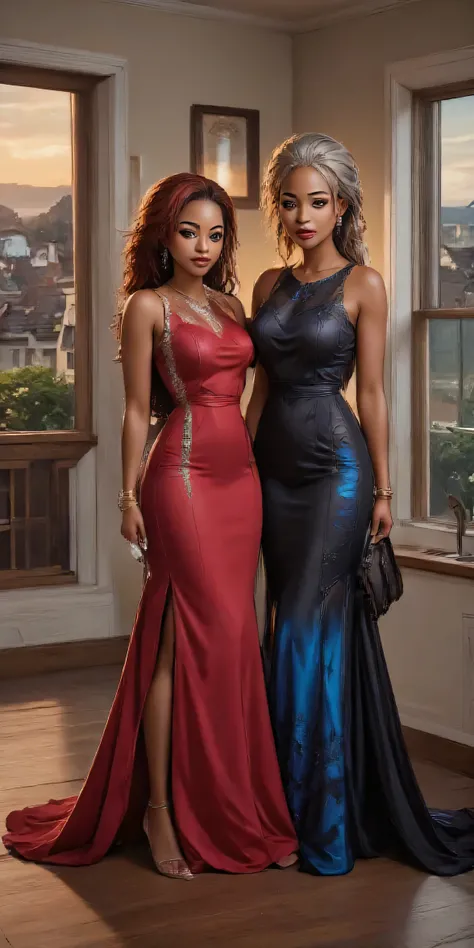 Elegant evening wear captured in a stylish indoor setting. The left figure wears a deep red sleeveless gown with a high slit, complemented by a statement necklace and gold bangles, holding a chic white clutch. Her hair is styled in long, vibrant red braids...