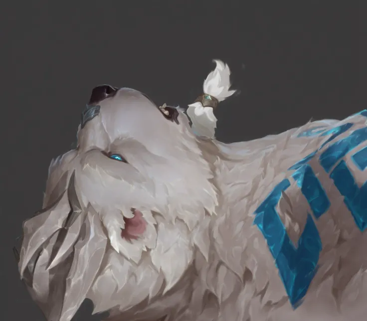 A white polar bear champion in League of Legends hand-drawn style lying on its back, (Freljord warrior in supine position:1.3), (stylized white bear with segmented fur design:1.2), featuring striking glowing turquoise eyes, (small ivory horn ornament on he...
