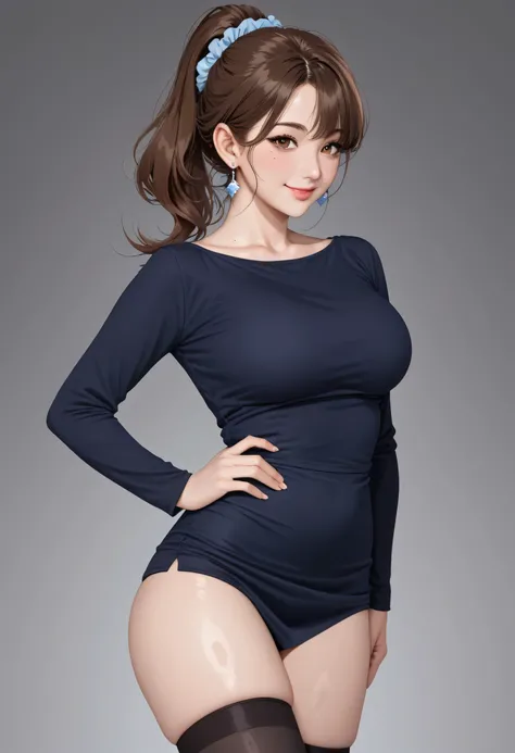breasts, 1girl, mole, scrunchie, mole on breast, thighhighs, earrings, cleavage, gradient, gradient background, jewelry, hair scrunchie, blue scrunchie, brown eyes, brown hair, thighs, long hair, low tied hair, collarbone, mature female, smile, dress, hair...