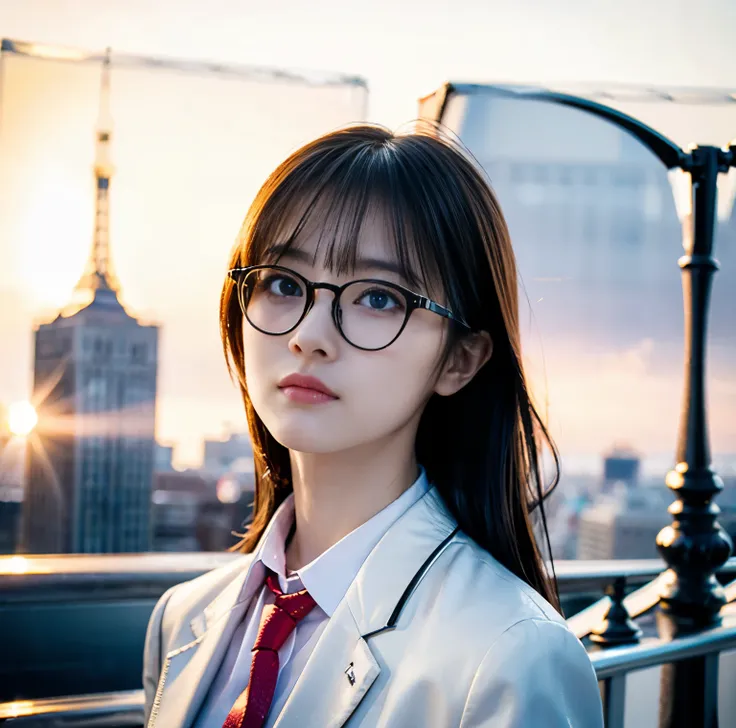 8K quality, pictures, Two beautiful men and beautiful women, Beautiful like a goddess, in the city where the backlight of the intense sunset is dazzling, From the neck up, Red thin string ribbon tie on the collar, (Extra-fine silver glasses:1.2), (Brillian...