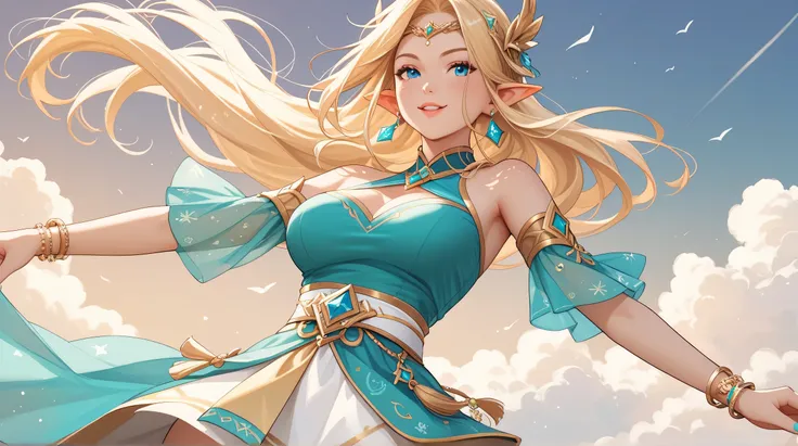 Masterpiece, Best Quality, Top Quality, Very Detailed, 1 girl, character has distinct fantasy elf features including pointed ears adorned with blue earrings. She has long, flowing blonde hair and striking blue eyes. The character is wearing an outfit that ...