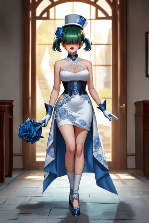 1 sexy anime manga girl, buxom, large breasts, long green hair with bangs covering her eyes, twin ponytails, anatomically_correct_fingers, she is wearing a (((white dress with blue rose pattern on it1.3))), blue gloves, white stockings, tiny rainbow top ha...