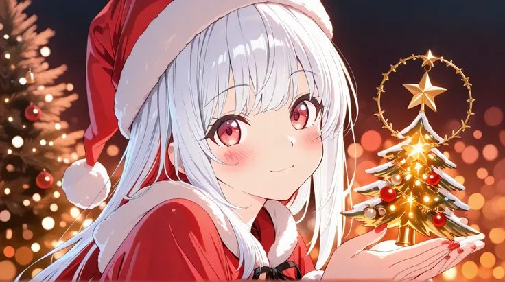 Masterpiece, Best Quality, Top Quality, Very Detailed, 1 girl, anime-style digital illustration features a character with flowing silver-white hair wearing a Christmas-themed outfit with a red Santa hat. The character has bright red eyes, rosy cheeks, and ...