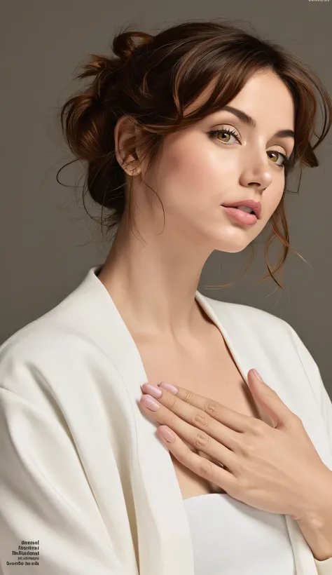 HD, 4K, 8k, 16k、1 woman、Ultra High Resolution、leaning back upper body、stretches her chest 、((wearing a white coat is anatomically correct))、camera angle from the front、(((front view)))、brown hair、Beautiful Hair、accurate anatomy of a dark night、ultra HD h...