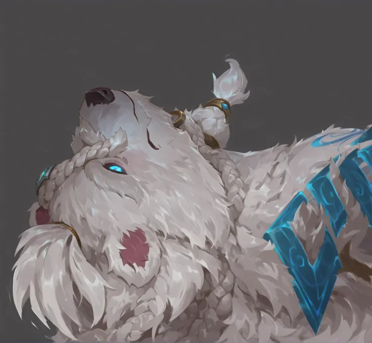 A white polar bear champion in League of Legends hand-drawn style lying on its back, (Freljord warrior in supine position:1.3), (stylized white bear with segmented fur design:1.2), featuring striking glowing turquoise eyes, (distinctive braided fur between...