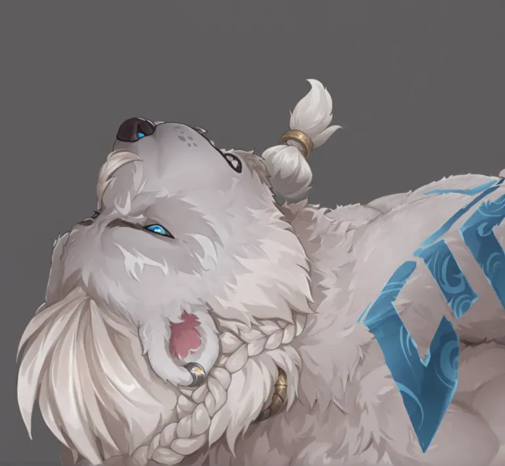 A white polar bear champion in League of Legends hand-drawn style lying on its back, (Freljord warrior in supine position:1.3), (stylized white bear with segmented fur design:1.2), featuring striking glowing turquoise eyes, (distinctive braided fur between...