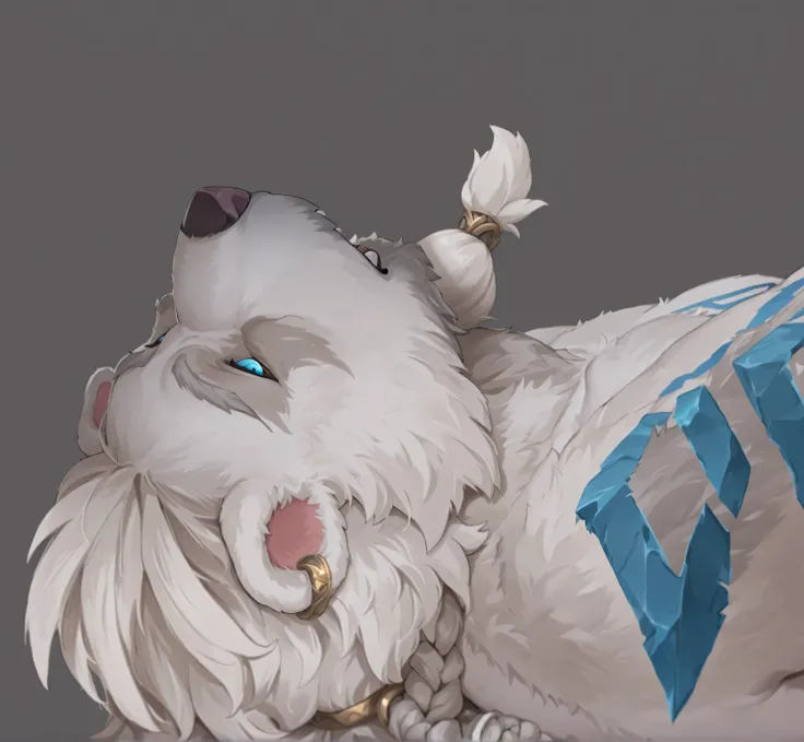 A white polar bear champion in League of Legends hand-drawn style lying on its back, (Freljord warrior in supine position:1.3), (stylized white bear with segmented fur design:1.2), featuring striking glowing turquoise eyes, (distinctive braided fur between...