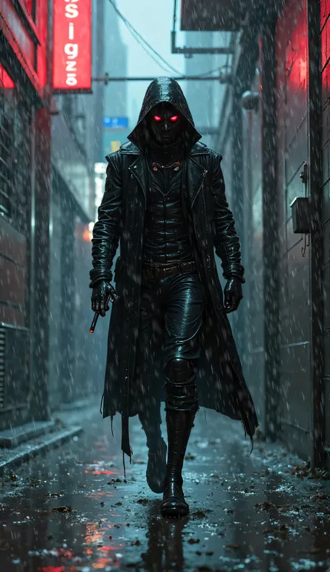 fantasy-inspired humanoid male character, Oil Genasi, spy, emerging from the shadows in a dark, rain-soaked alley of a futuristic city, skin has a slick oily texture, black with hints of iridescent sheen, like motor oil, drops of rain roll off skin without...