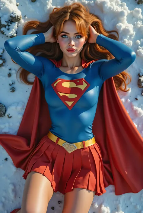 (BIG BLUE EYES:2.3) a beautiful girl with long red hair, detailed blue eyes,Holding her hands behind her head, sexy pose, nose, and red lipstick,WEARING A 1990 BLUE SPANDEX SUPERGIRL COSTUME, RED PLEATED SKIRT WITH A YELLOW SUPERMAN BELT, LONG RED CAPE AND...