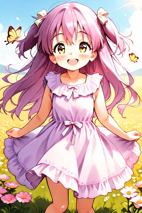 , innocent expression little anime girl with long soft pink and purple hair flowing behind her, laughing with joy as she runs through a sunlit field of flowers, wearing a short pastel dress with frilly edges and a small bow at the waist, her golden eyes s...